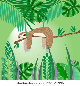 Cute sloth sleeping on a tree in the jungle, baby card vector illustration