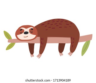 Cute sloth is sleeping on tree. Cartoon Flat character. Vector illustration isolated on white background for web and design