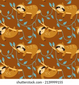 Cute sloth sleeping on tree branches.   Seamless pattern for kid products.