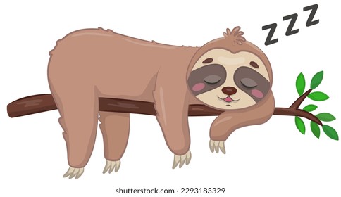 Cute sloth sleeping on a tree branch. Funny vector illustration of a hand-drawn cartoon character.
