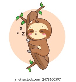 Cute Sloth Sleeping on Tree Cartoon Character. Adorable and Kawaii Animal Concept Design. Icon Mascot Vector Illustration