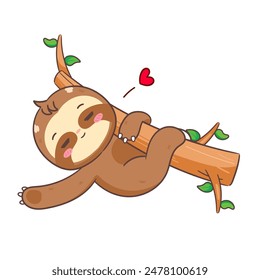 Cute Sloth Sleeping on Tree Cartoon Character. Adorable and Kawaii Animal Concept Design. Icon Mascot Vector Illustration