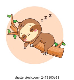 Cute Sloth Sleeping on Tree Cartoon Character. Adorable and Kawaii Animal Concept Design. Icon Mascot Vector Illustration