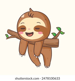 Cute Sloth Sleeping on Tree Cartoon Character. Adorable and Kawaii Animal Concept Design. Icon Mascot Vector Illustration