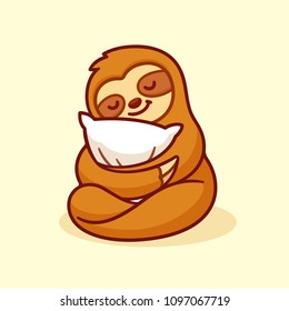 Cute sloth sleeping with pillow. Adorable cartoon character isolated vector illustration.