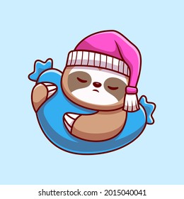 Cute Sloth Sleeping With Pillow Cartoon Vector Icon Illustration. Animal Nature Icon Concept Isolated Premium Vector. Flat Cartoon Style