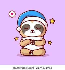 Cute Sloth Sleeping With Pillow And Star Cartoon Vector Icon Illustration. Animal Nature Icon Concept Isolated Premium Vector. Flat Cartoon Style