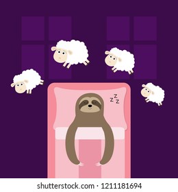 Cute sloth sleeping sign zzz. Jumping sheeps. Cant sleep going to bed concept. Counting sheep. Hands on blanket pillow. Animal set. Baby collection. Two windows. Flat design. Violet background. Vector