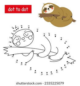 A cute sloth sleeps on a branch. Connect the dots in order. Educational vector illustration of the numbers game. The page of the coloring book with color sample.