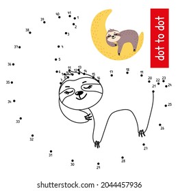 A cute sloth sleeps on the moon. Connect the dots in order. Educational numbers game vector illustration. Coloring book page with color pattern.