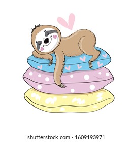 Cute sloth sleeps on multi-colored pillows on a white background. Vector illustration for children