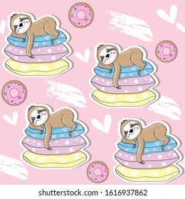 Cute sloth sleeps on multi-colored pillows and donut on a pink background seamless pattern