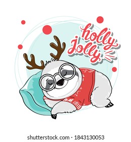 A cute sloth sleeps on a pillow and holly jolly inscription. New Year and Merry Christmas postcard. Vector cartoon illustration