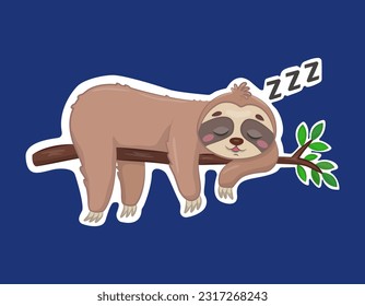 A cute sloth sleeps on a tree branch. Funny vector illustration of a hand-drawn cartoon character. Sticker. Vector illustration.