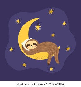 Cute sloth sleeps tight on the moon. Falling asleep. Sweet dreams. Children's illustration.