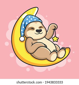 Cute Sloth Sleepy on Moon Cartoon. Animal Vector Icon Illustration, Isolated on Premium Vector.