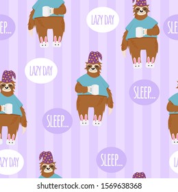 Cute sloth in slepping cap and t-shirts holding coffee cup on purple background with stripes and text lazy day and sleep. Vector seamless pattern with hand drawn sloth bears in cartoon.