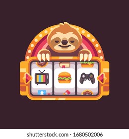 Cute sloth with a slot machine. Funny illustration about procrastination