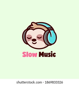 CUTE SLOTH SMILING AND LISTENING TO MUSIC WITH HEADPHONE CARTOON LOGO