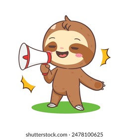 Cute Sloth Speaking with Megaphone Cartoon Character. Adorable and Kawaii Animal Concept Design. Icon Mascot Vector Illustration