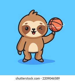 Cute sloth spinning basketball mascot vector illustration