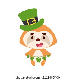 Cute sloth in St. Patrick's Day leprechaun hat holds shamrocks. Irish holiday folklore theme. Cartoon design for cards, decor, shirt, invitation. Vector stock illustration.