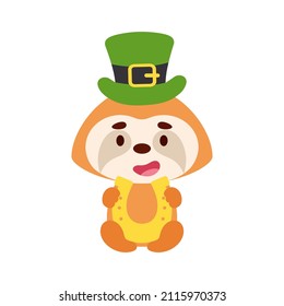 Cute sloth St. Patrick's Day leprechaun hat holds horseshoe. Irish holiday folklore theme. Cartoon design for cards, decor, shirt, invitation. Vector stock illustration.