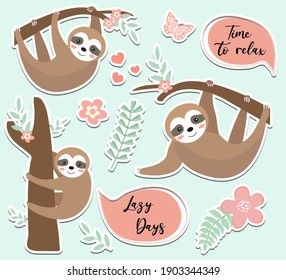 Cute sloth sticker set. Collection of design elements with trees, plants, flowers. Kids baby clip art funny smiling forest animal, sticker. Vector illustration