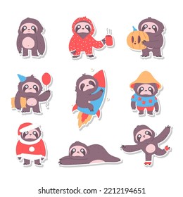 Cute sloth sticker vector cartoon animal characters set isolated on a white background.