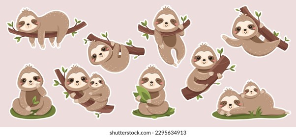 Cute sloth stickers set. Collection of graphic elements for website. Charming lazy animal on branch. Forest tropical mammal with tree. Cartoon flat vector illustrations isolated on white background