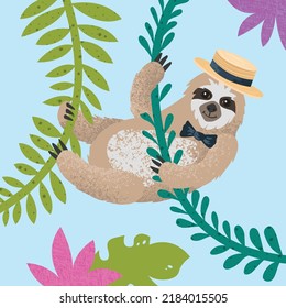 A cute sloth in a straw hat hangs on vines. A tropical forest. Vector illustration.