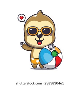 Cute sloth in sunglasses with beach ball cartoon illustration. Cute summer cartoon illustration. 
