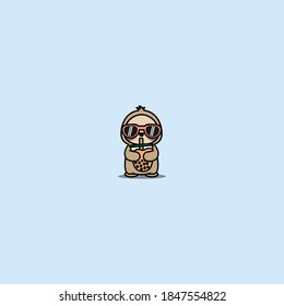 Cute sloth with sunglasses drinking bubble tea cartoon, vector illustration