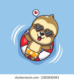Cute sloth in sunglasses float with buoy. Cute summer cartoon illustration. 