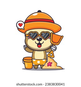 Cute sloth in sunglasses play sand beach cartoon illustration. Cute summer cartoon illustration. 