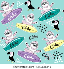 Cute sloth with a surfboard and the inscription Aloha on a blue background seamless pattern