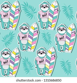 Cute sloth with a surfboard on a blue background seamless pattern