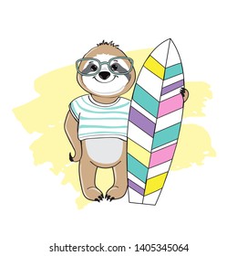 Cute sloth with surfboard on white background