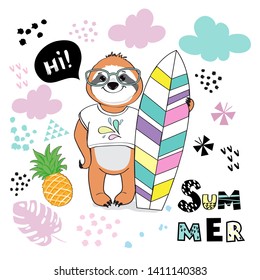 Cute sloth with surfboard and palm leaves on white background