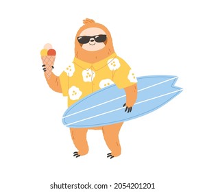 Cute sloth surfer in sunglasses holding surfboard and icecream. Happy animal in clothes on summer holiday. Funny lazy character relaxing. Colored flat vector illustration isolated on white background