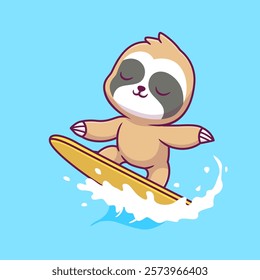 Cute Sloth Surfing On Beach Cartoon Vector Icon Illustration. 
Animal Holiday Icon Concept Isolated Premium Vector. Flat 
Cartoon Style 