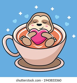 Cute Sloth Swim on a Cup of Coffee with Love. Animal Vector Icon Illustration, Isolated on Premium Vector.