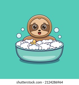 lindo perezoso bañándose con juguete de pato y burbujas