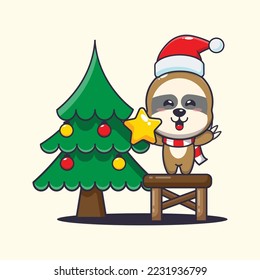 Cute sloth taking star from christmas tree. Cute christmas cartoon illustration. 
