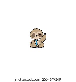 Cute sloth with tie sitting and waving paw cartoon, vector illustration