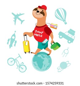 Cute sloth traveler holds suitcases and walks the planet. Travel concept on white background