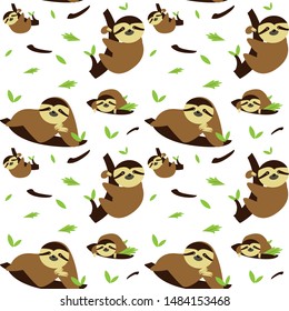 Cute sloth in the tree. seamless pattern On white background. For textiles, packaging, carton, cardboard, wrapping paper and other. In a cartoon style. Vector