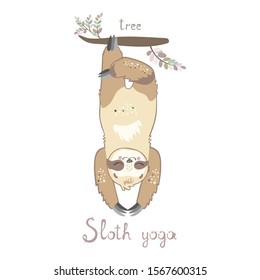 Cute sloth  in tree yoga position. Sloth doing yoga. Meditation. Unique hand-drawing vector illustration.