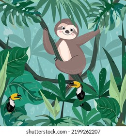 Cute sloth in tropical forest seamless pattern  