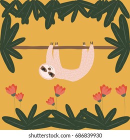 Cute sloth with tropical leaves and flowers. Vector hand drawn illustration.